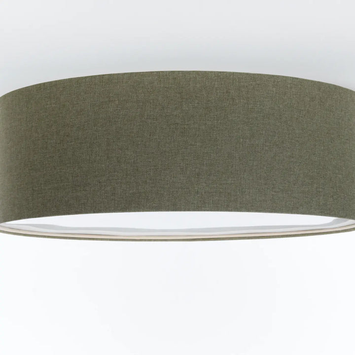 Luminaire plafonnier boho elegant with olive green textured fabric drum lampshade and white inner lining