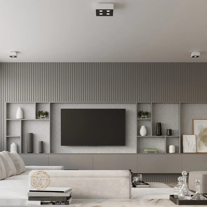 Mur en bois vertical gris moderne avec étagères intégrées et tv centrale pour plafonnier moderne mono blanc