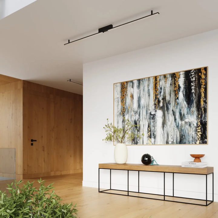 Plafonnier lagom 3000k noir avec peinture abstraite moderne à accents dorés encadrée en bois pour lumière chaude linéaire