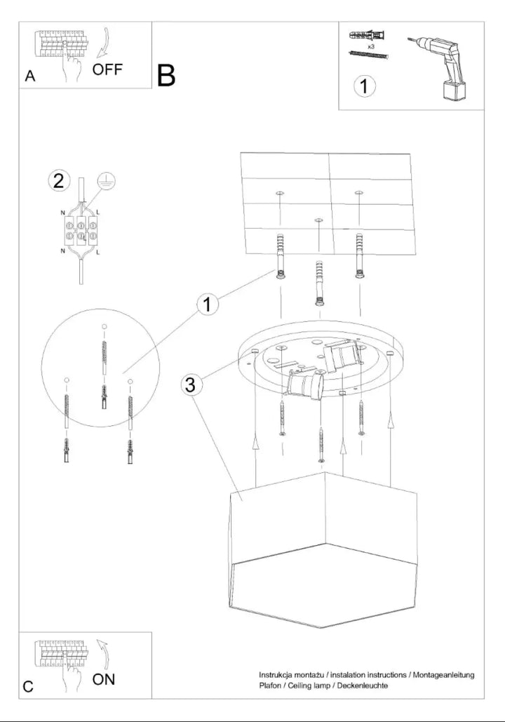 Luminaire plafonnier sunde 13 noir avec base hexagonale formes géométriques et interrupteur intégré vue arrière