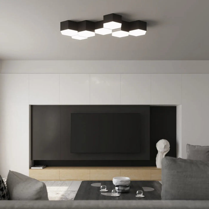 Luminaire plafonnier sunde 13 noir avec panneaux lumineux et formes géométriques hexagonales modernes