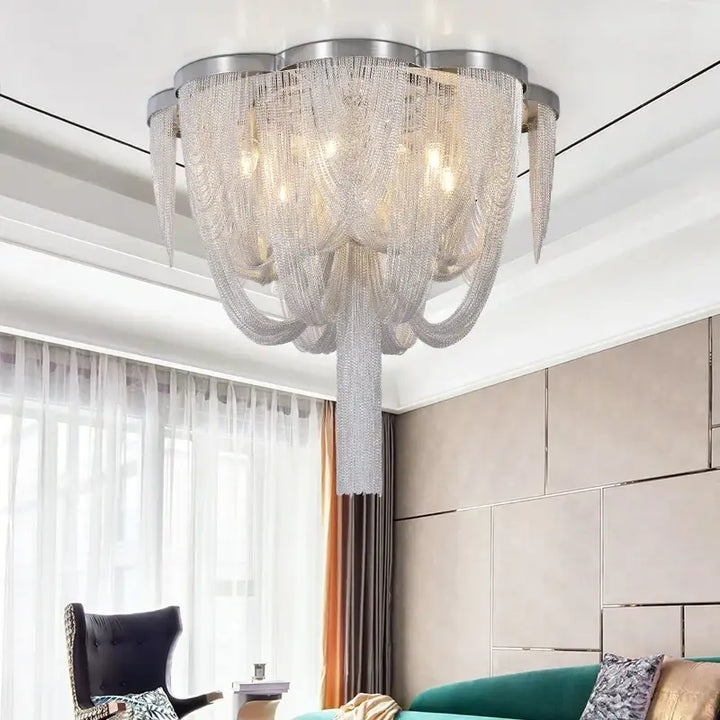 Luminaire Plafonnier Luxueuse Chaînes Métalliques Argent Design