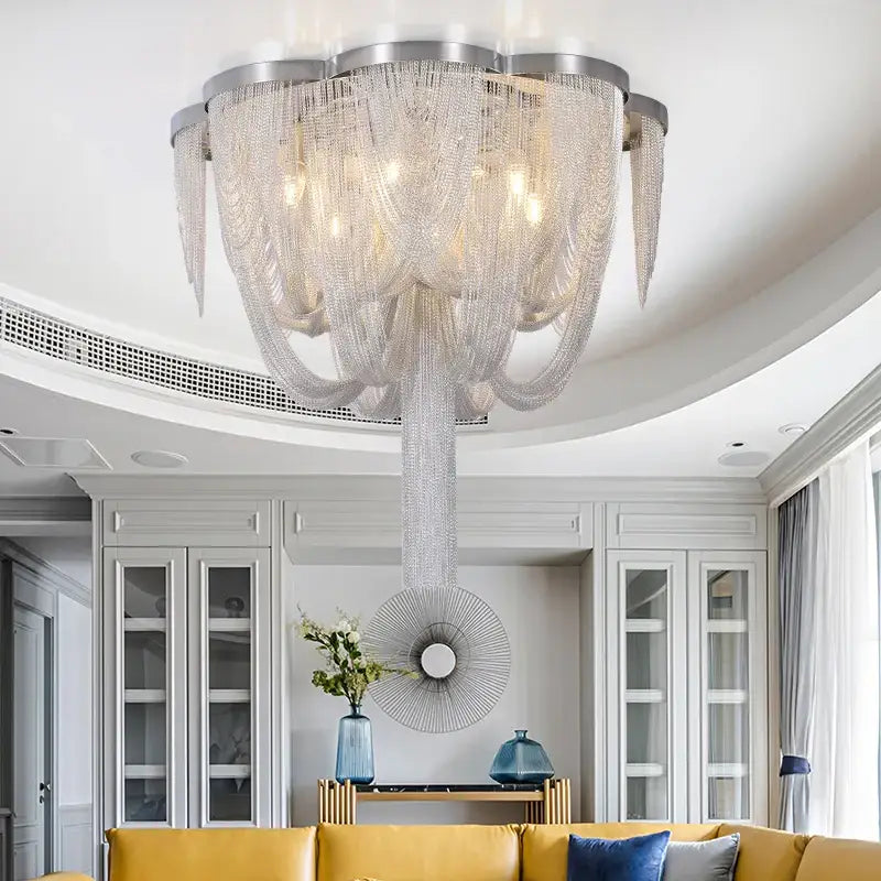 Luminaire Plafonnier Luxueuse Chaînes Métalliques Argent Design