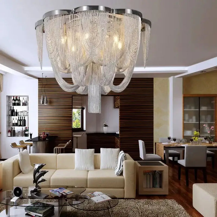 Luminaire Plafonnier Luxueuse Chaînes Métalliques Argent Design