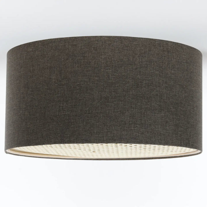 Luminaire plafonnier boho elegant gris marron avec abat-jour en tissu gris foncé texturé et intérieur tissé