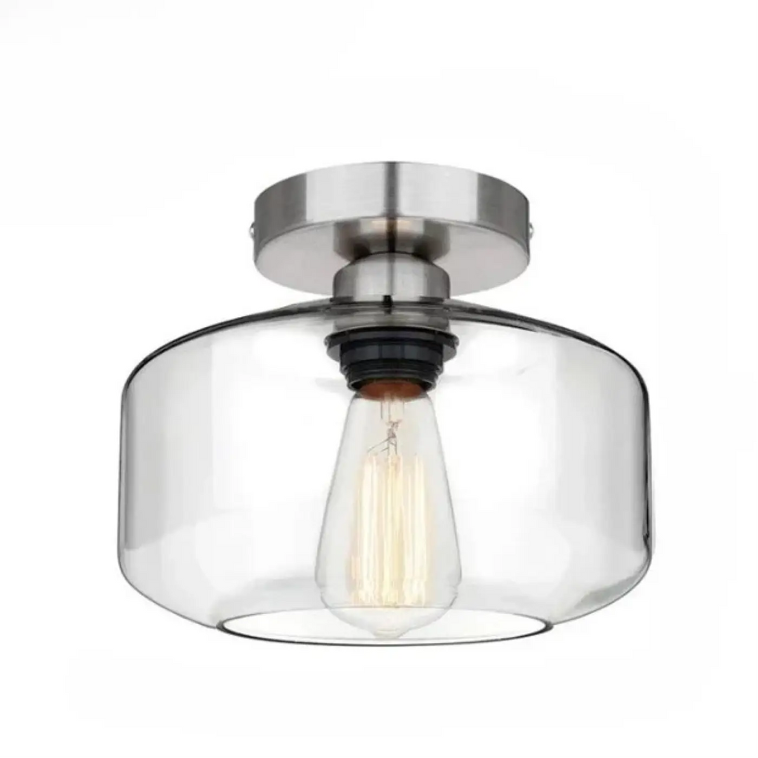 Luminaire plafonnier alto moderne en nickel brossé avec abat-jour en verre clair et ampoule edison apparente