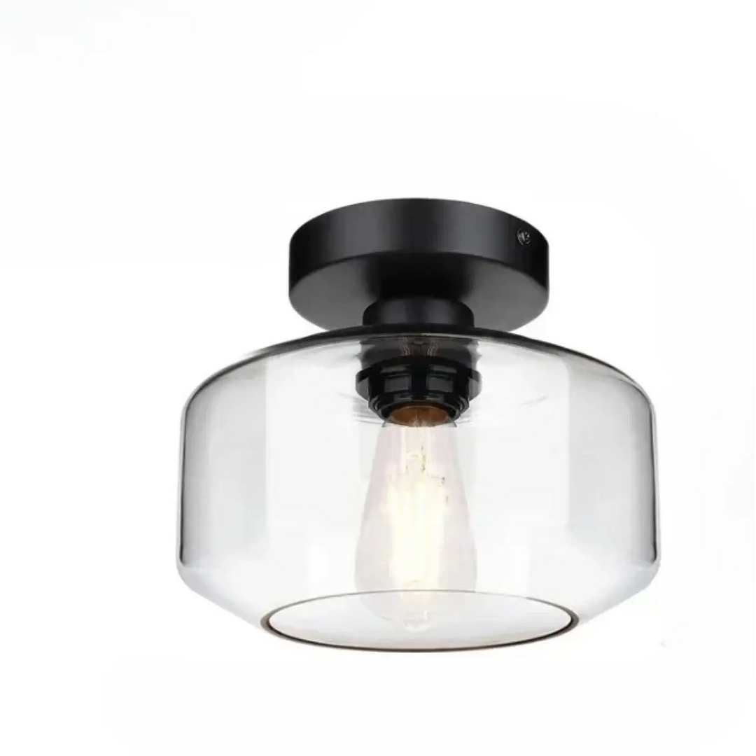 Luminaire plafonnier alto en métal noir avec dôme en verre transparent et ampoule à filament apparent