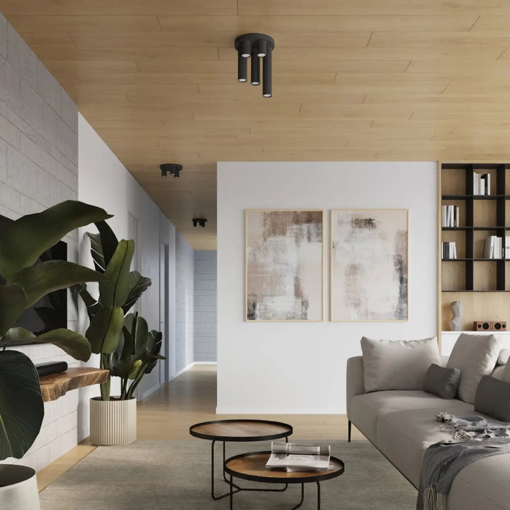 Plafonnier lagos 3p noir avec trois ampoules verticales cylindriques pour un caractère chic et moderne