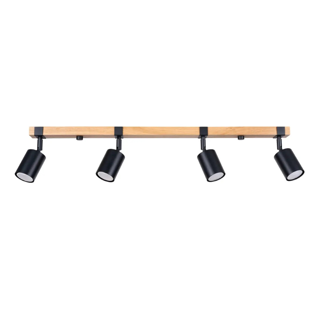 Luminaire plafonnier fager 4l noir avec lampe directionnelle fager cylindrique en métal noir et abat-jours orientables sur bois clair