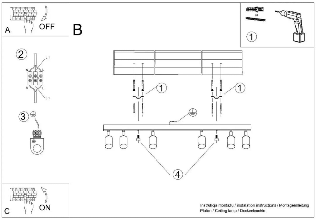 Plafonnier winx 6l noir chrome avec six lampes cylindriques pour éclairage au-dessus des plans de travail