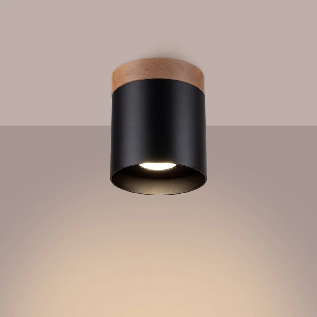 Luminaire plafonnier rif noir cylindrique avec accent en bois naturel pour solutions d’éclairage modernes