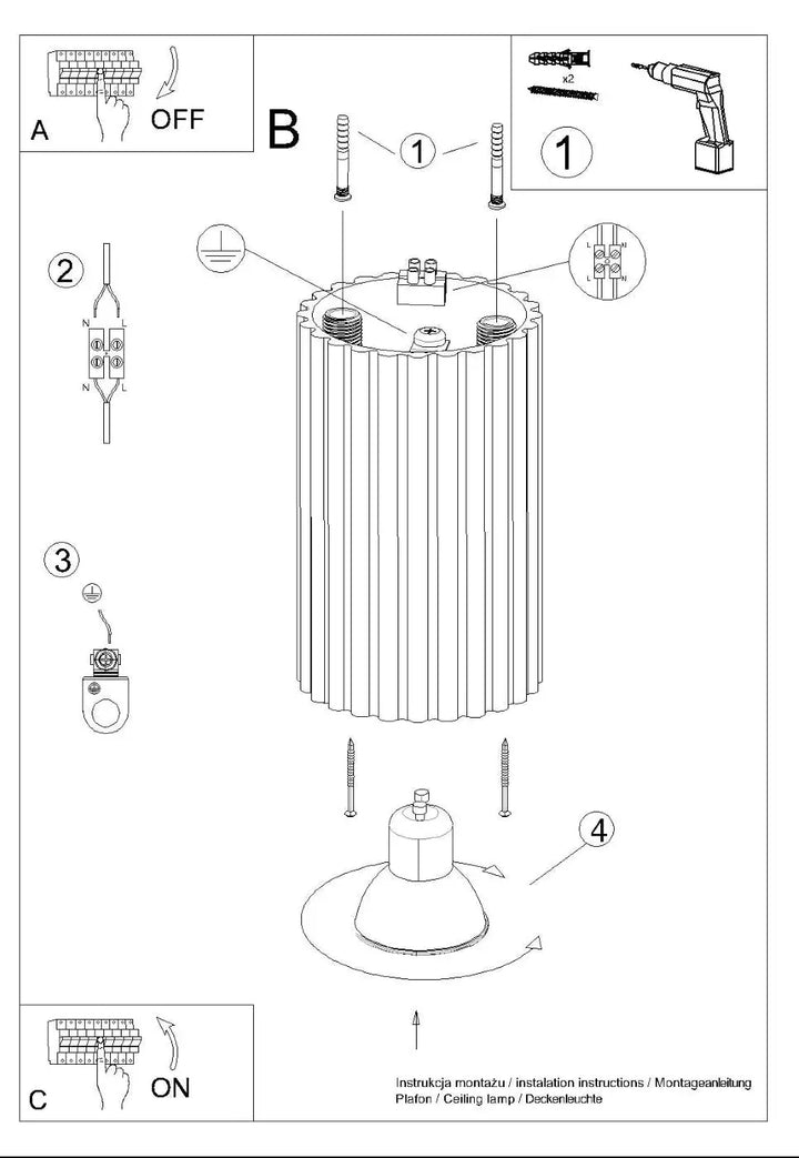 Plafonnier karbon allie design minimaliste noir avec lampe cylindrique à rainures verticales et ampoules gu10 interchangeables