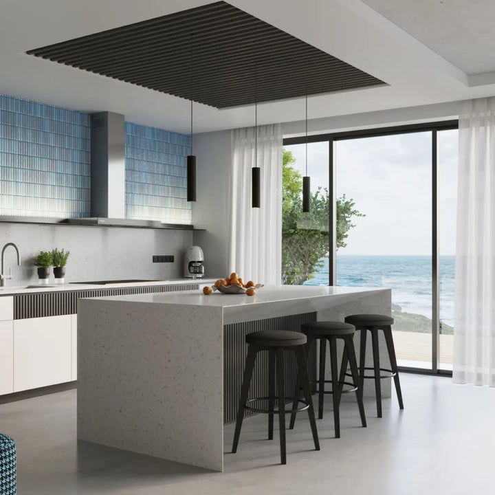 Modern black bar stools with sleek metal frames and cushioned seats complement plafonnier karbon allie design minimaliste