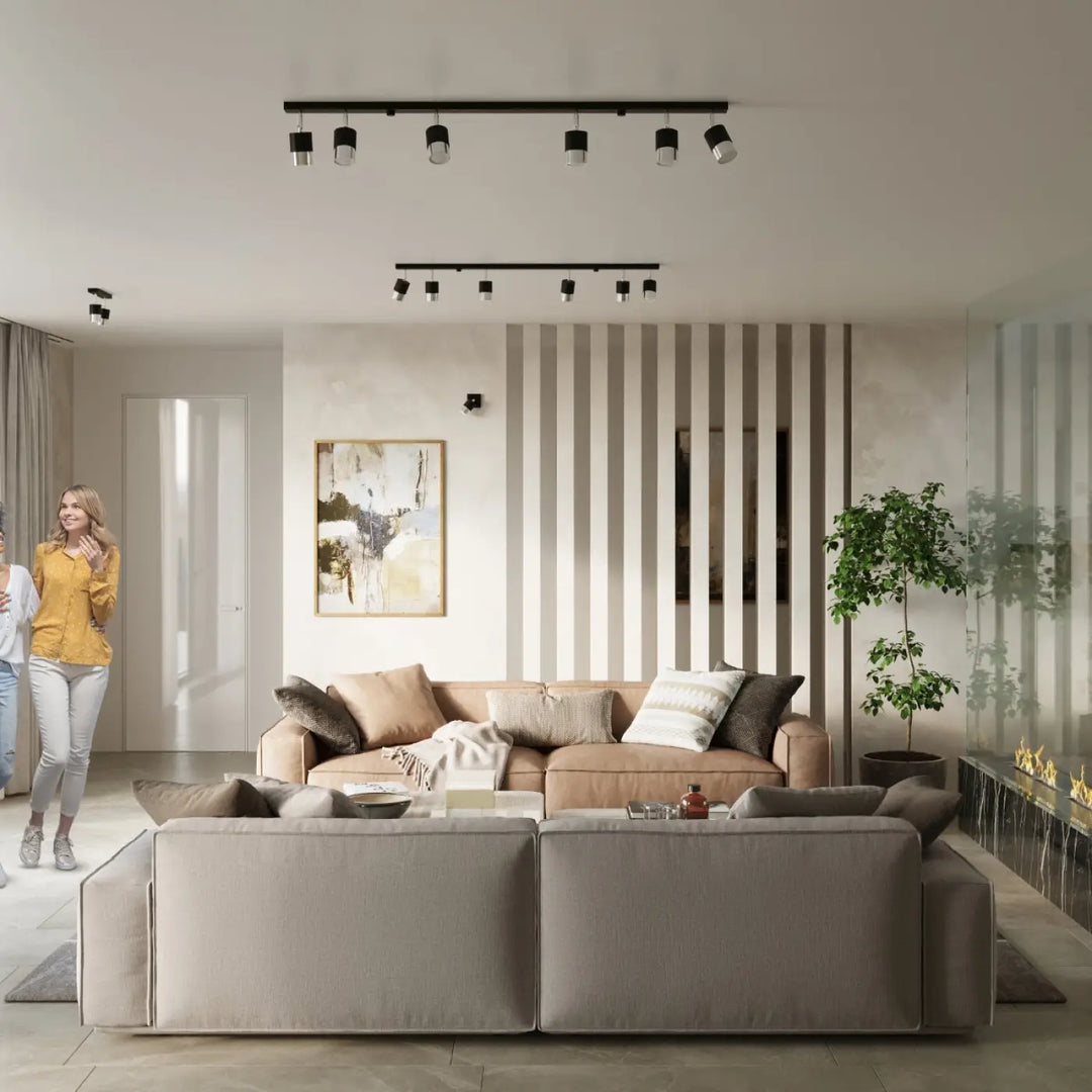 Beige canapé sectionnel avec coussins moelleux et design moderne minimaliste sous plafonnier nero noir chrome