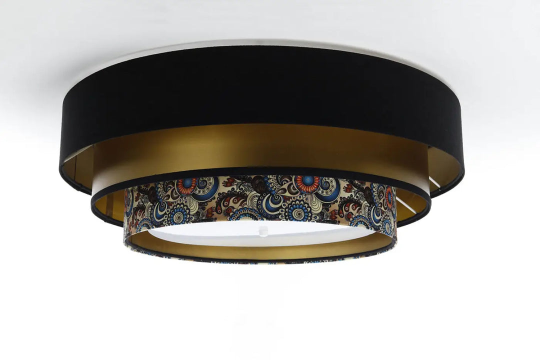 Luminaire plafonnier noir et doré à deux niveaux avec anneau central multicolore motif paisley élégant triniti