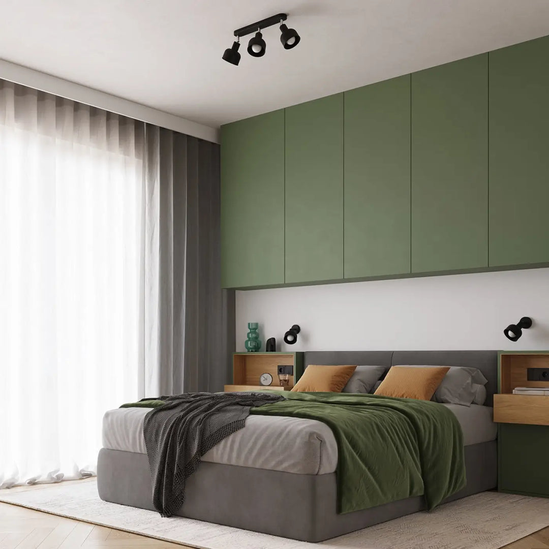 Luminaire plafonnier elba 2 noir avec design minimaliste combiné à des éléments subtils sur mur vert moderne