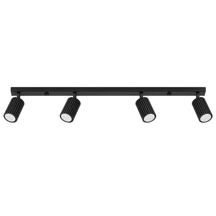 Plafonnier karbon allie un design minimaliste noir mat avec quatre spots cylindriques à ampoules gu10 interchangeables