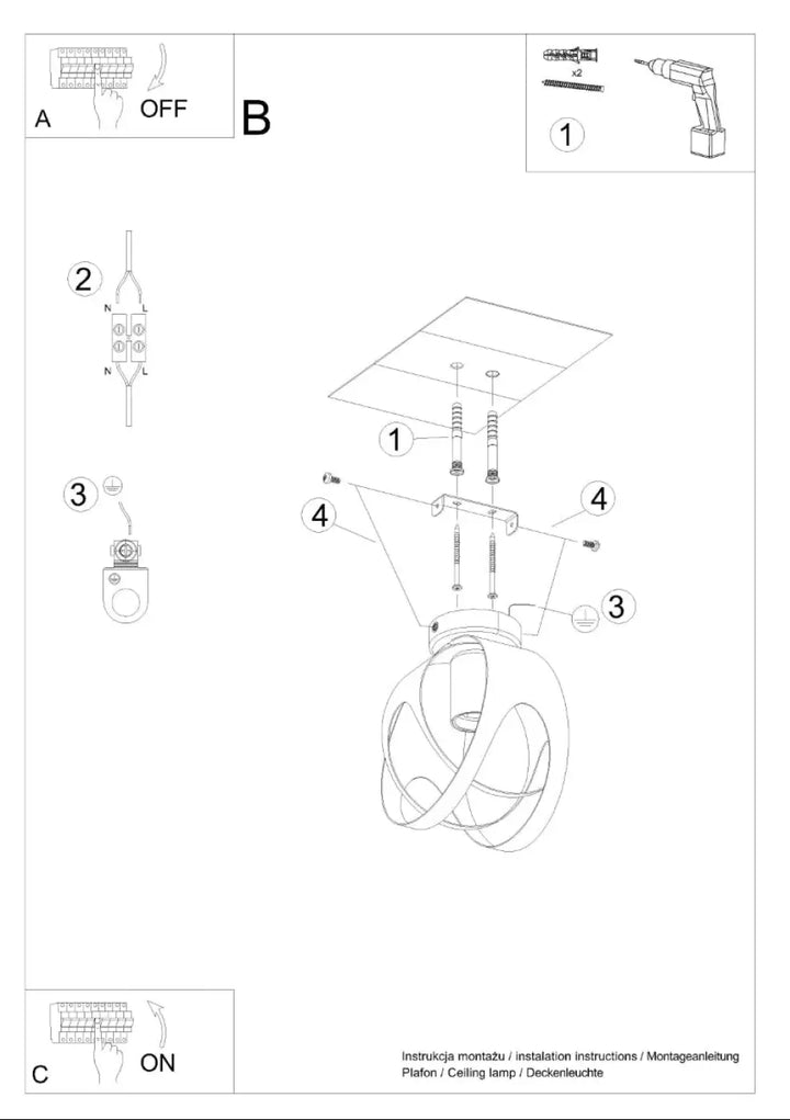 Luminaire plafonnier tulos noir avec globe en verre transparent et fixation métallique, lampe tulos brise davant-garde exceptionnelle