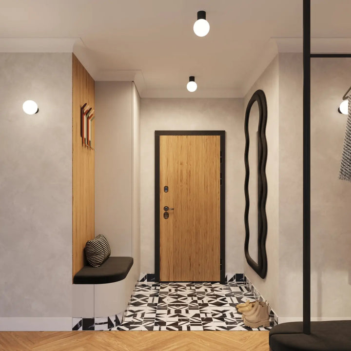 Porte en bois à grain vertical avec cadre noir pour lampe halo sphère laiteuse bureau décorative luminaire plafonnier halo noir