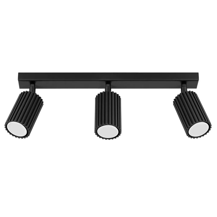Plafonnier karbon allie en noir mat avec trois ampoules gu10 interchangeables et lignes subtiles en métal ribbé