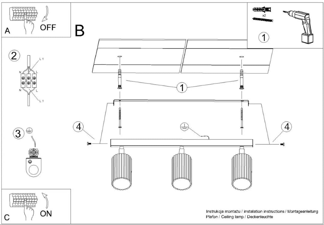 Diagramme dinstallation du plafonnier karbon allie or avec trois ampoules gu10 interchangeables design minimaliste