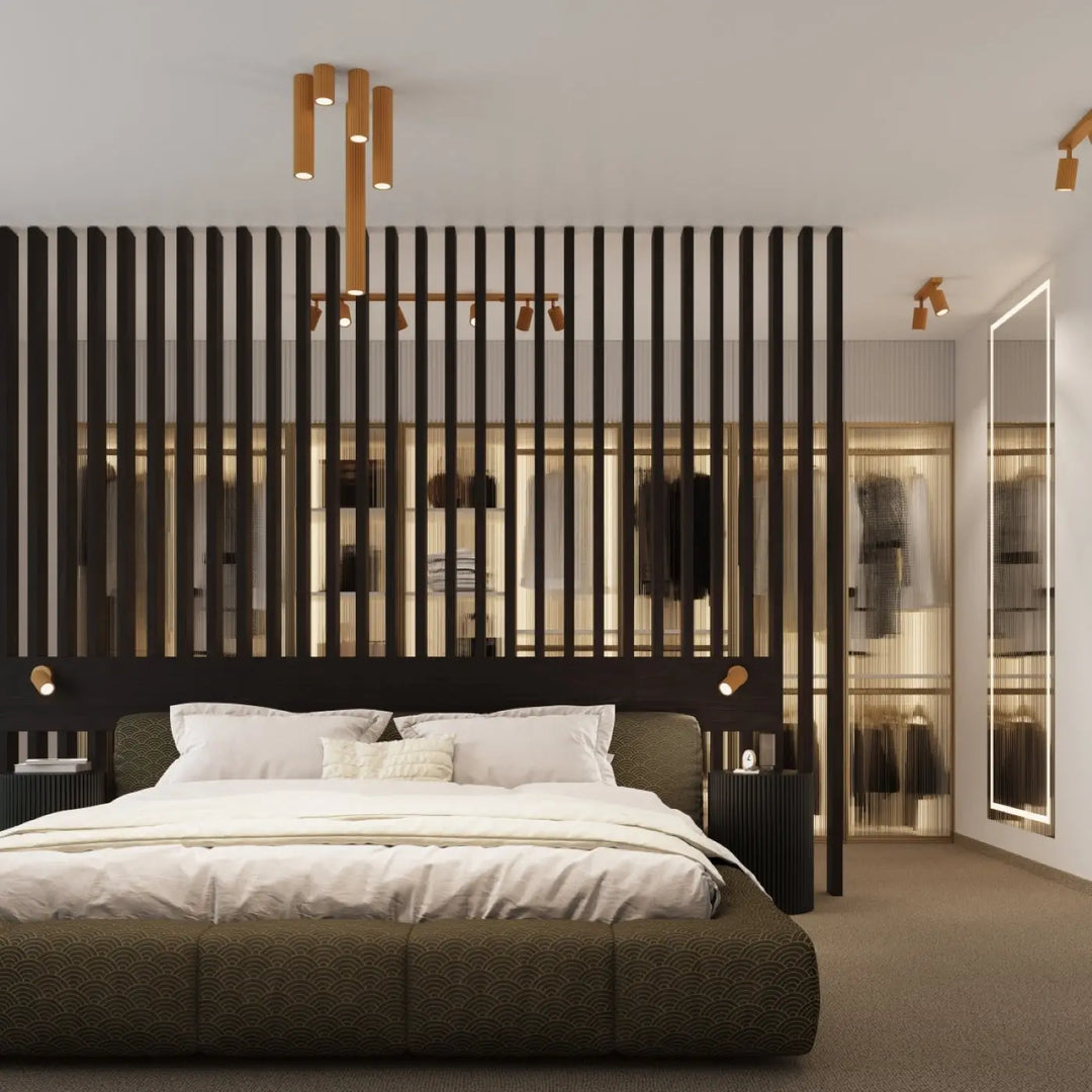 Lit moderne avec tête de lit et pied de lit vert foncé en tissu, literie blanche, design minimaliste, plafonnier karbon allie