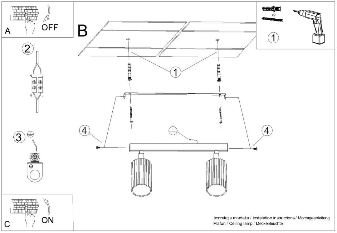 Plafonnier karbon allie design minimaliste or avec deux ampoules gu10 interchangeables cylindriques et barre ajustable