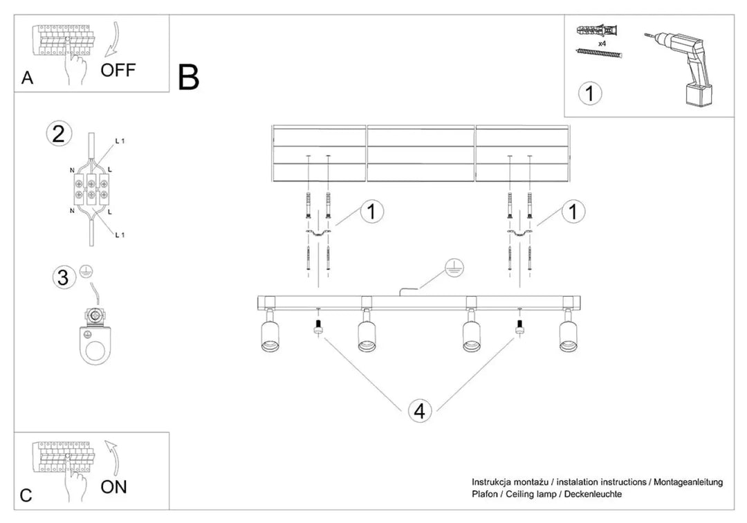 Luminaire plafonnier série zuca 4 noir avec cinq ampoules décoratives visibles sur rail ajustable pour œuvres d’art lumineuses