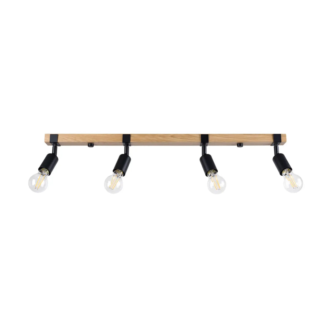 Luminaire plafonnier série zuca 4 noir avec poutre en bois naturel et quatre spots réglables pour œuvres d’art lumineuses