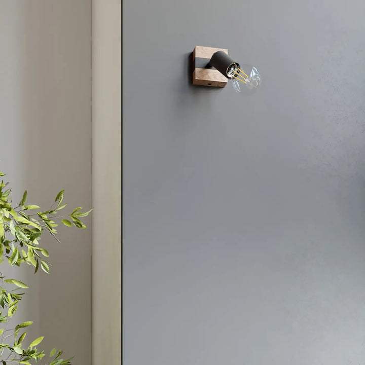Luminaire plafonnier série zuca 4 noir avec spot mural moderne en bois rustique et ampoules décoratives visibles