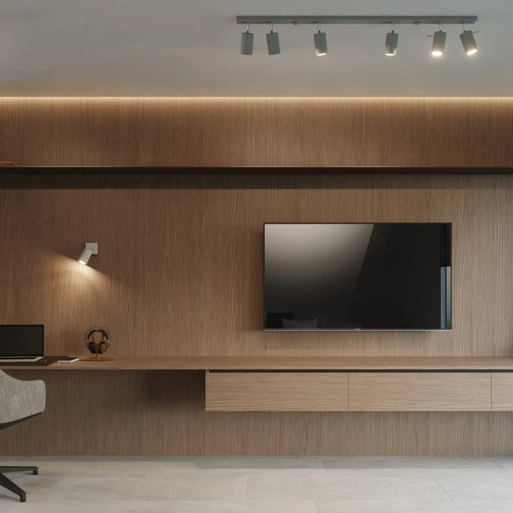 Luminaire plafonnier ring 4l gris avec bras réglables et demi-obscurité chaleureuse sur mur en bois