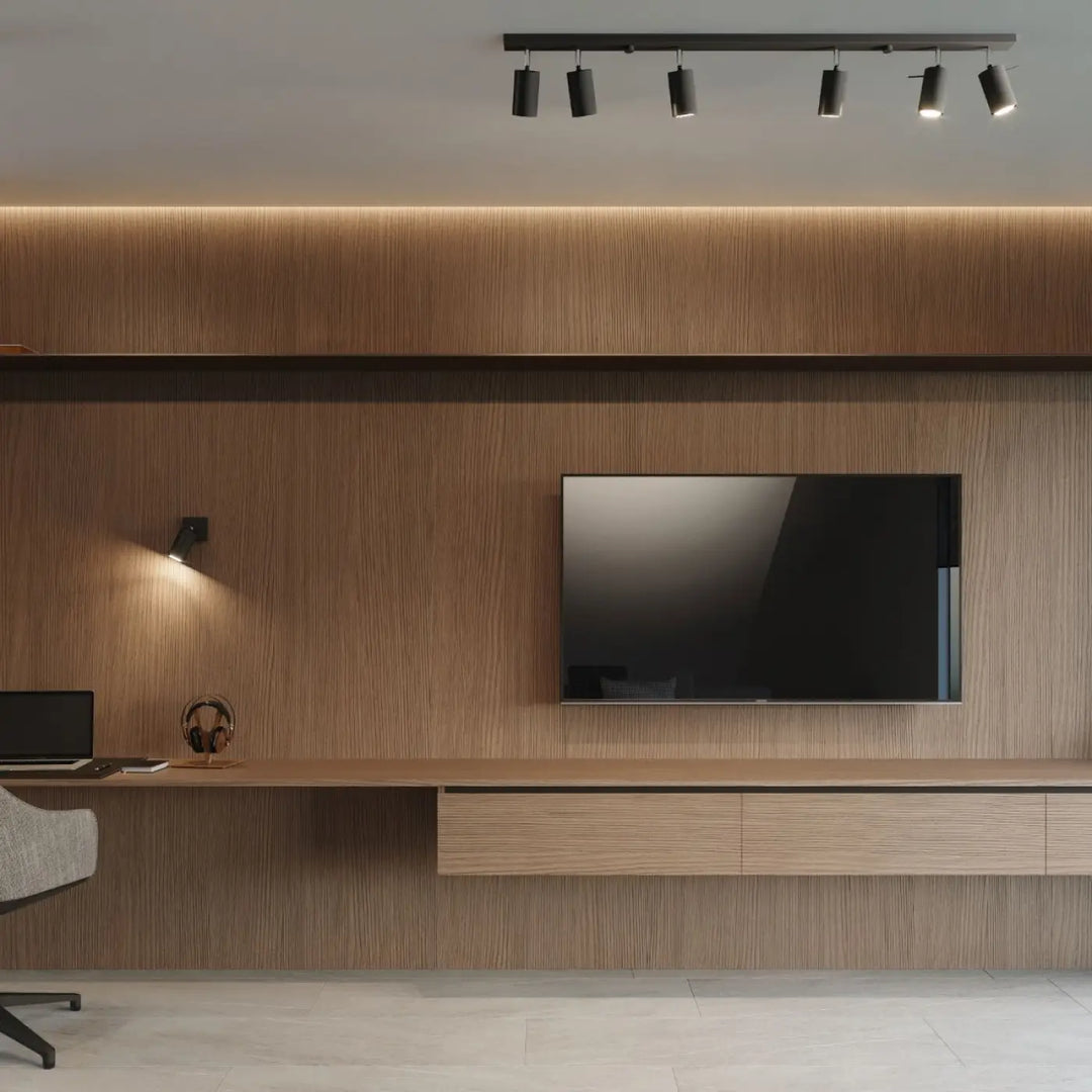 Luminaire plafonnier ring 4l noir avec télévision écran plat noir fixé sur un mur en bois créant une ambiance intérieure demi-obscurité chaleureuse
