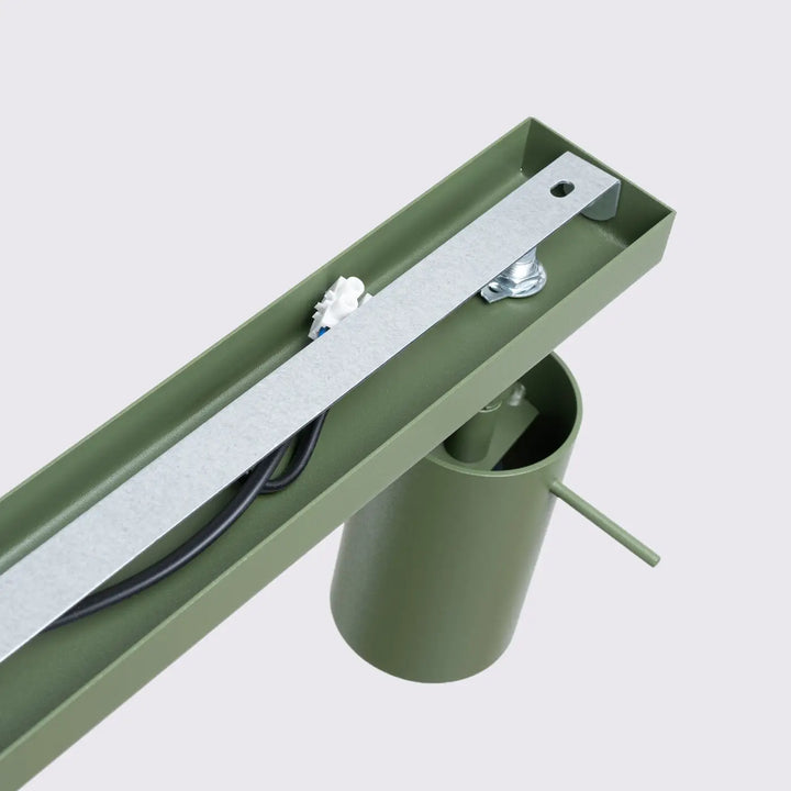 Plafonnier métal vert olive lampe ring avec boîtier rectangulaire et base cylindrique pour éclairage flexible minimalisme moderne