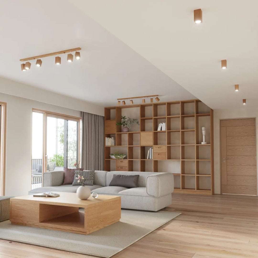Luminaire plafonnier lampe keke chêne bois s’intégrera parfaitement au style loft avec spots ajustables montés au plafond