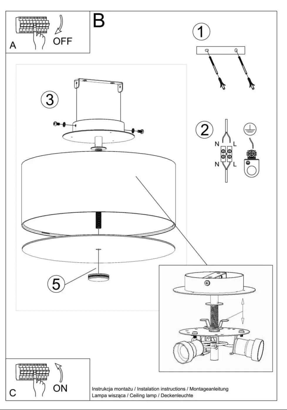 Schéma d’assemblage et câblage du luminaire plafonnier skala 30 blanc pour une décoration élégante plafond minimaliste