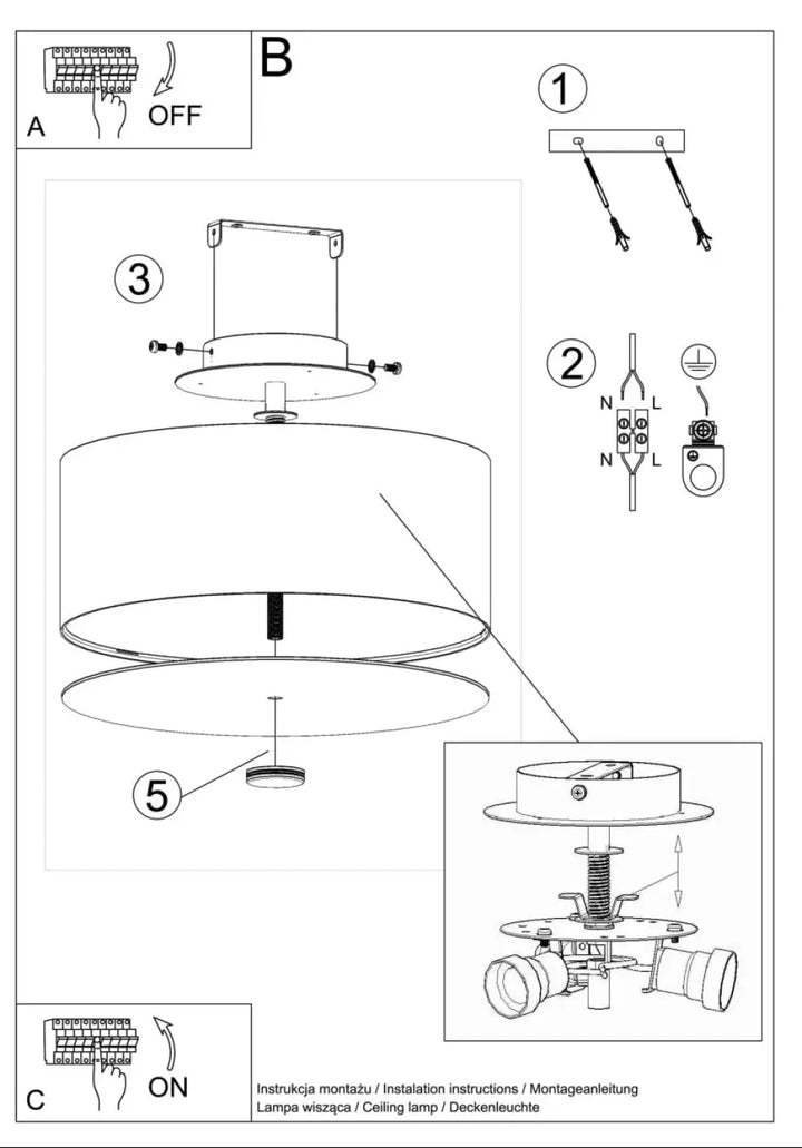 Schéma d’assemblage et câblage du luminaire plafonnier skala 30 blanc pour une décoration élégante plafond minimaliste