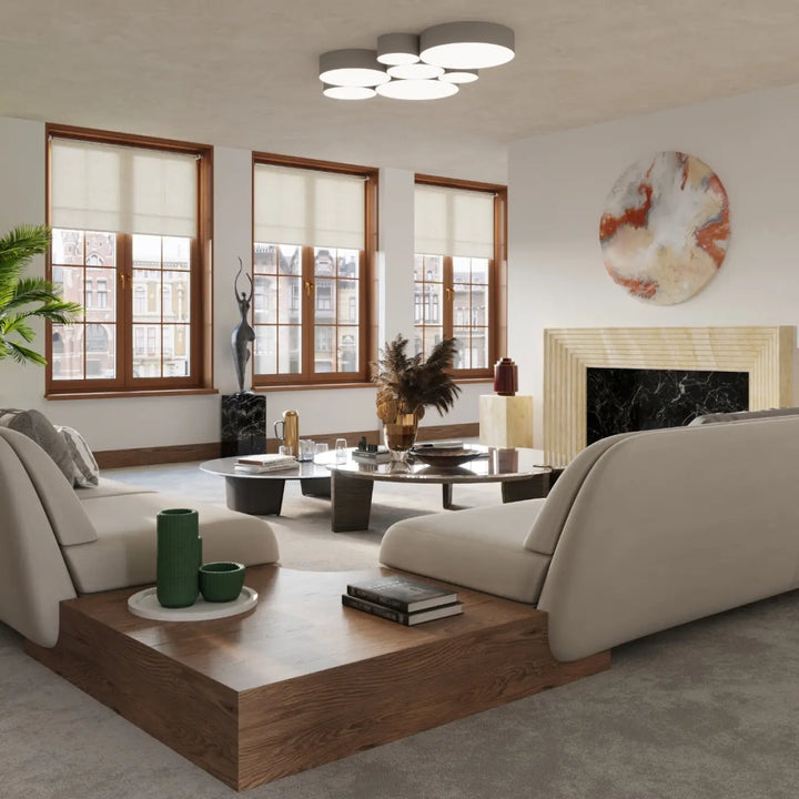 Beige canapé dangle rembourré avec base en bois bas profil dans luminaire plafonnier arena gris éclairage polyvalent forme riche plafonnier rond