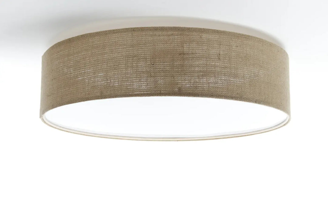 Luminaire plafonnier boho elegant taupe avec texture lin beige et doublure intérieure blanche cylindrique