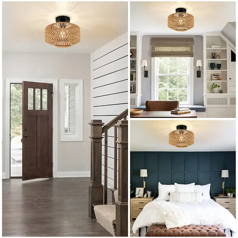 Luminaire plafonnier en rotin tressé beige au style naturel