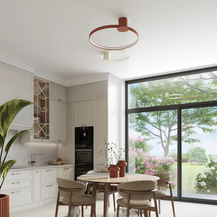 Luminaire plafonnier design moderne collection rio avec anneau terracotta chaud et cercle intérieur blanc 4000k rouge ocre