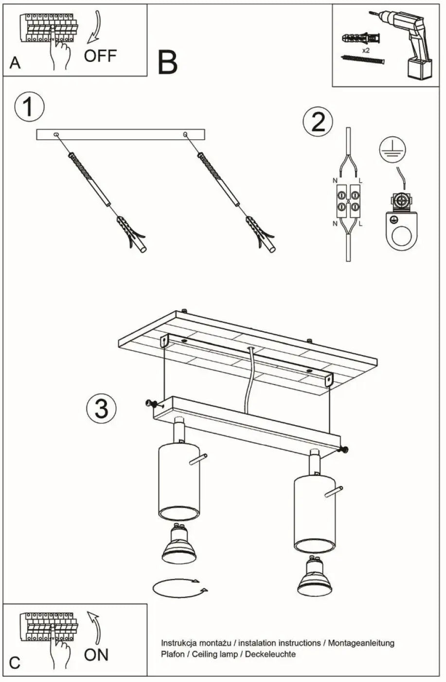 Luminaire plafonnier ring 2 gris avec deux têtes cylindriques suspendues et peut être installé facilement
