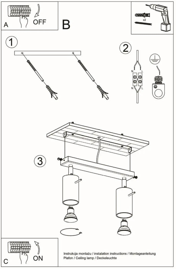 Luminaire plafonnier ring 2 gris avec deux têtes cylindriques suspendues et peut être installé facilement