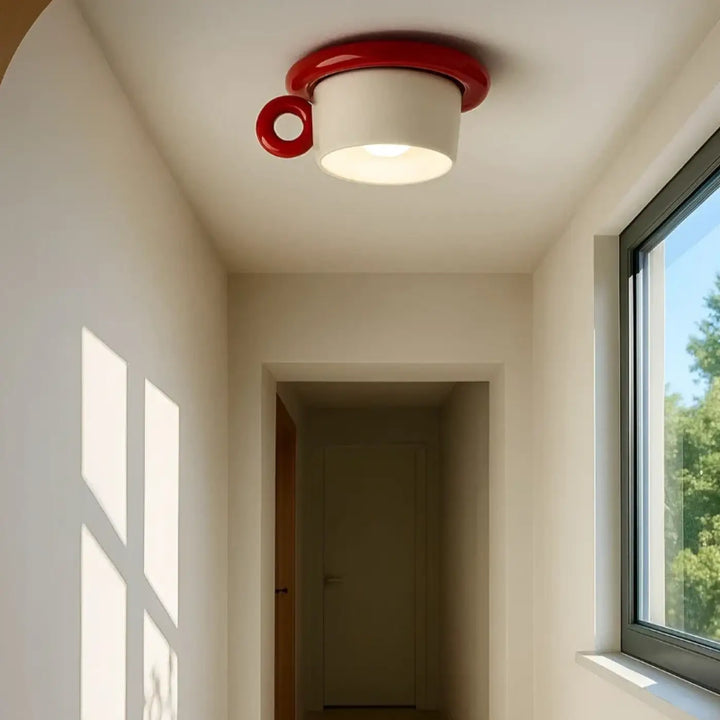 Luminaire plafonnier style rétro en céramique rouge et blanche en forme de tasse à café pour éclairage intérieur
