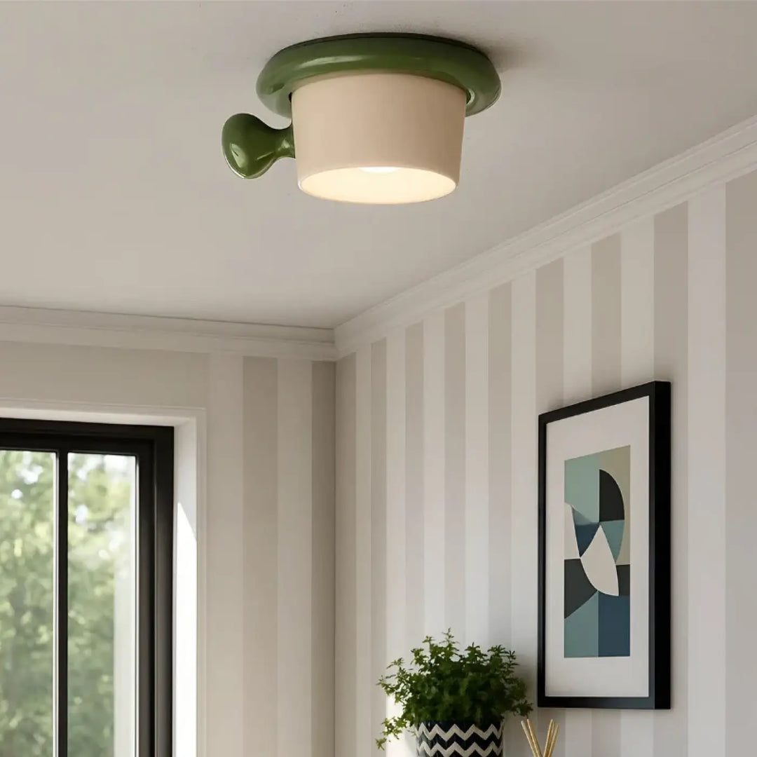 Luminaire plafonnier olive vert en céramique avec abat-jour en verre dépoli crème et anse décorative style rétro