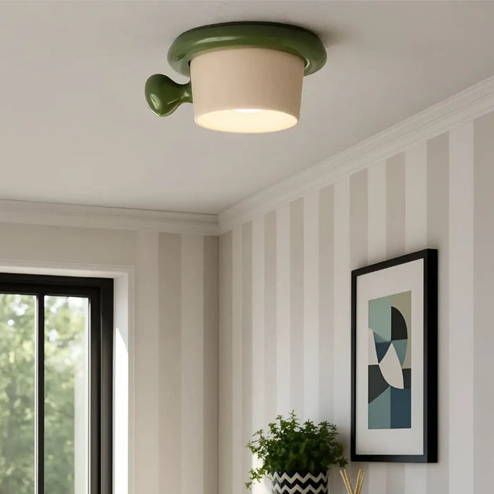 Luminaire plafonnier olive vert en céramique avec abat-jour en verre dépoli crème et anse décorative style rétro