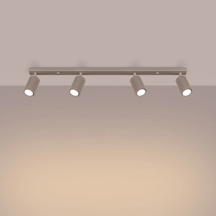 Plafonnier karbon 4l taupe en nickel brossé avec quatre spots cylindriques design minimaliste ampoules gu10 interchangeables