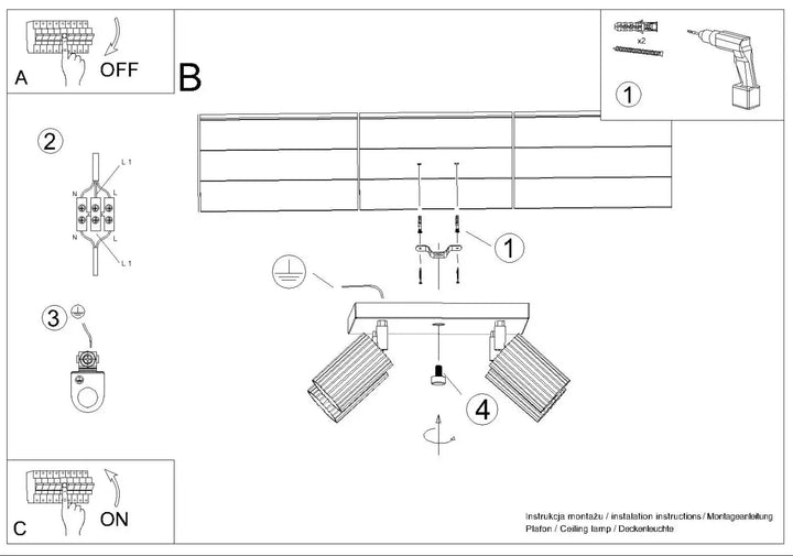 Diagramme d’installation pour plafonnier karbon allie taupe avec ampoules gu10 interchangeables et design minimaliste
