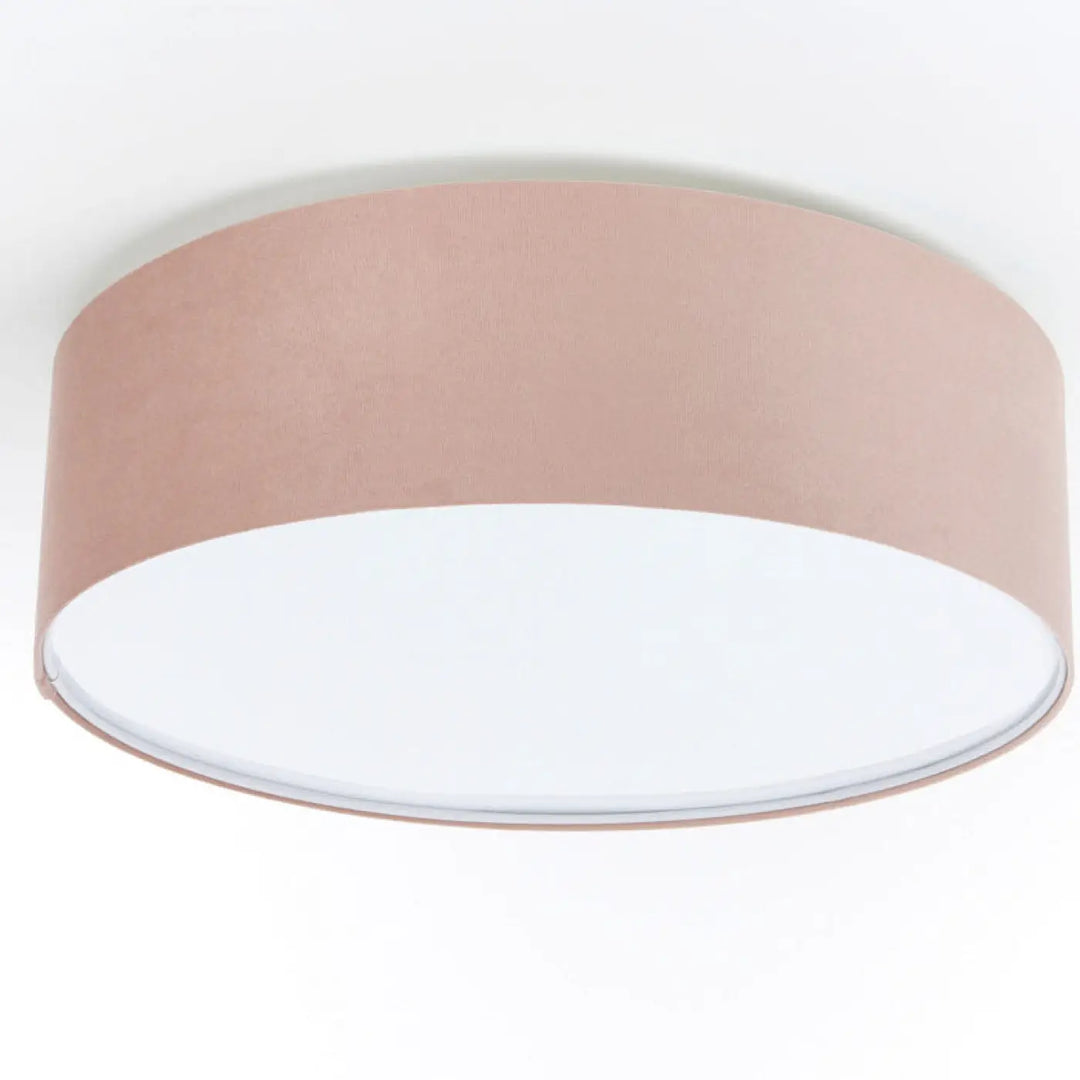 Luminaire plafonnier jasmin à design cylindrique avec tissu rose doré et diffuseur blanc pour un éclairage doux