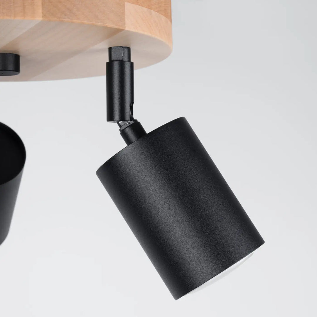 Luminaire plafonnier verdo 3p noir avec spot cylindrique mat design moderne et fixation plafond en bois