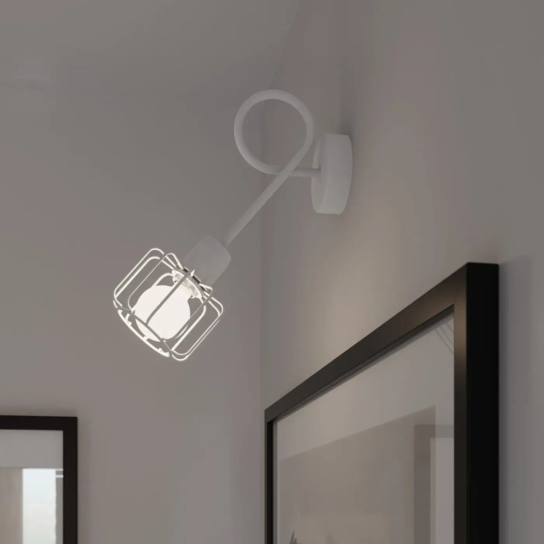 Luminaire plafonnier beluci 3 blanc avec applique murale style loft à bras courbé et abat-jour métallique en cage